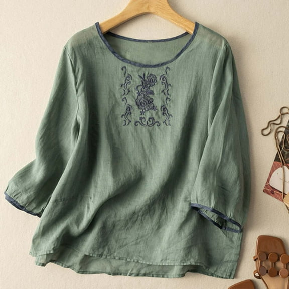 SNKSDGM Women's Plus Casual Easter Shirt Womens Shirts Casual V Neck Women’S Summer Linen 3/4 Sleeve T Shirt Ethnic Style Casual Embroidered Vintage Fashion Top Women's Tops Plus Size 3/4 Sleeve
