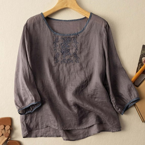 SNKSDGM Women's Plus Casual Easter Shirt Womens Shirts Casual V Neck Women’S Summer Linen 3/4 Sleeve T Shirt Ethnic Style Casual Embroidered Vintage Fashion Top Womens Shirts Short Sleeve Cotton