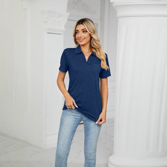 SNKSDGM Women's Plus Casual Easter Shirt Womens Shirts Long Sleeve Women's Solid Color Short Sleeved Lapel Pocket Loose T Shirt Top Women's Tops Dressy Casual Spring