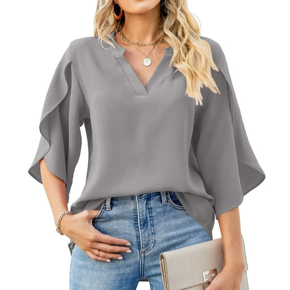 SNKSDGM Women's Plus Casual Easter Shirt Womens Shirts Plus Size Long Sleeve New Women Fashion Petal Sleeve Tops Loose V Neck Chiffon Shirt off The Shoulder Tops for Women White Long Sleeve