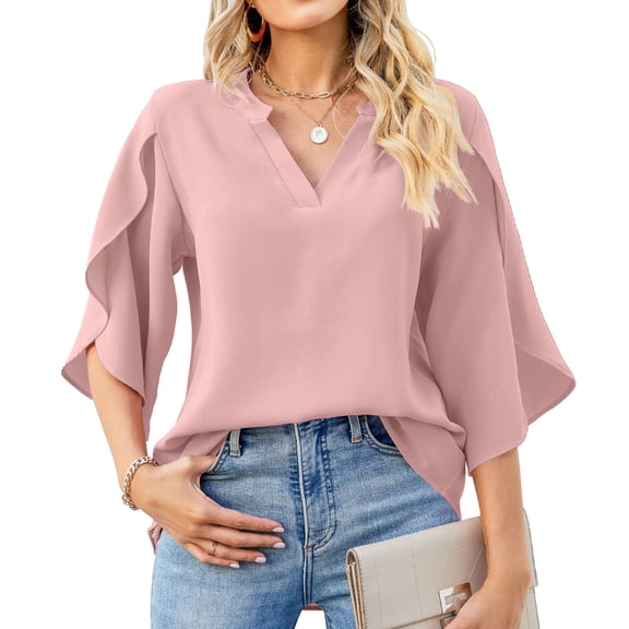 SNKSDGM Women's Plus Casual Easter Shirt Womens Shirts Plus Size Long Sleeve New Women Fashion Petal Sleeve Tops Loose V Neck Chiffon Shirt Womens Tops Short Sleeve Sexy