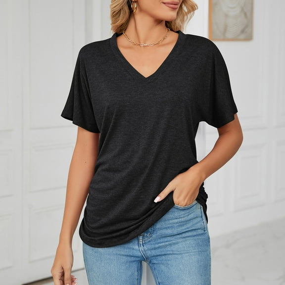 SNKSDGM Women's Plus Casual Easter Shirt Womens Shirts Trendy Red Women's Short Sleeve T Shirts Fashion V Neck Oversized Loose Tops Solid Casual Blouses T Shirts for Women Loose fit Graphic