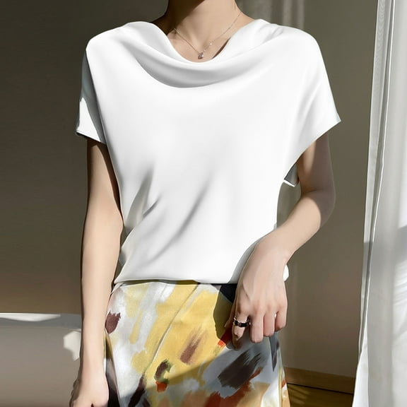 SNKSDGM Women's Plus Casual Easter Shirt Womens Short Sleeve Tops Dressy Casual French Ice Silk Heap Shirt Women's Short Sleeve Top Sense New Silk Silk T Shirt Tops for Women Trendy Sexy Dressy