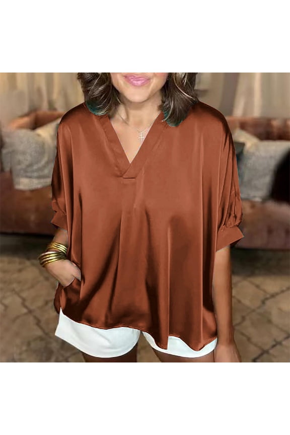 Women's Plus Casual Easter Shirt Womens Tops Dressy Blouses Women's Plus Size Blouses 3/4 Sleeve Dressy Tunic Tops V Neck Casual Loose Blouse Pleated Shirts Womens Tops Long Sleeve Dressy
