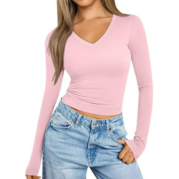 SNKSDGM Women's Plus Casual Easter Shirt Womens Tops Short Sleeve Casual Women's Solid Color V Neck T Shirt Hot Girl Slim Long Sleeve Shirt Top Blouse V Neck Casual Tops for Women