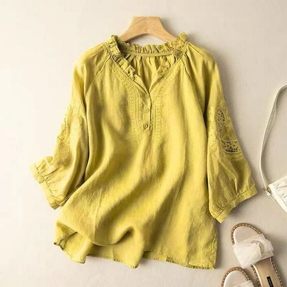 SNKSDGM Women's Plus Casual Easter Shirt Womens Tops Summer Dressy Casual Women's Summer Loose Embroidered Floral Linen V Neck 3/4 Sleeve Shirt Blouse Top Going Out Tops for Women College Lace
