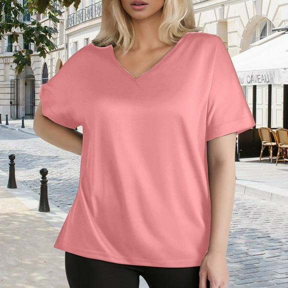 SNKSDGM Women's Plus Casual Easter Shirts Beach Vacation Clothes for Women 2025 Plus Size Women's T Shirt Solid Color V Neck Sleeve Summer Casual Shirt T Shirt Tops for Women 2025