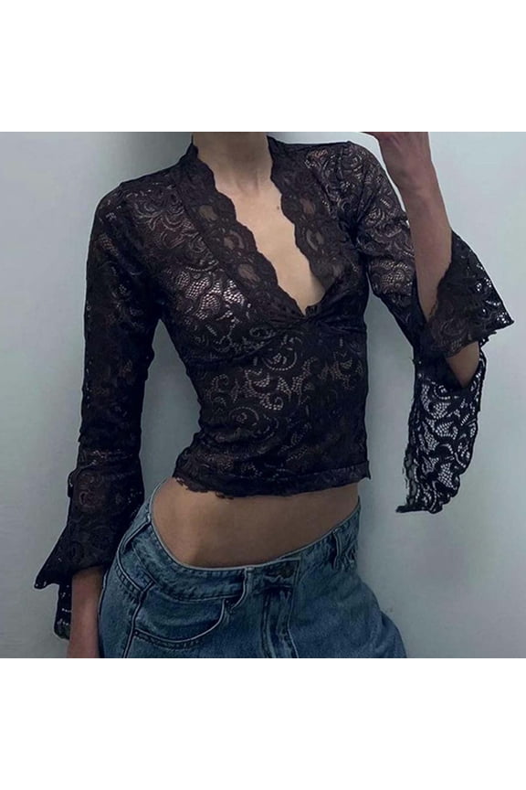 Women's Plus Casual Easter Shirts Going Out Tops for Women Deep V Slim fit Versatile Short Navel Lace Long Sleeved Hot Girl Style Lace Top T Shirts for Women Long Sleeve