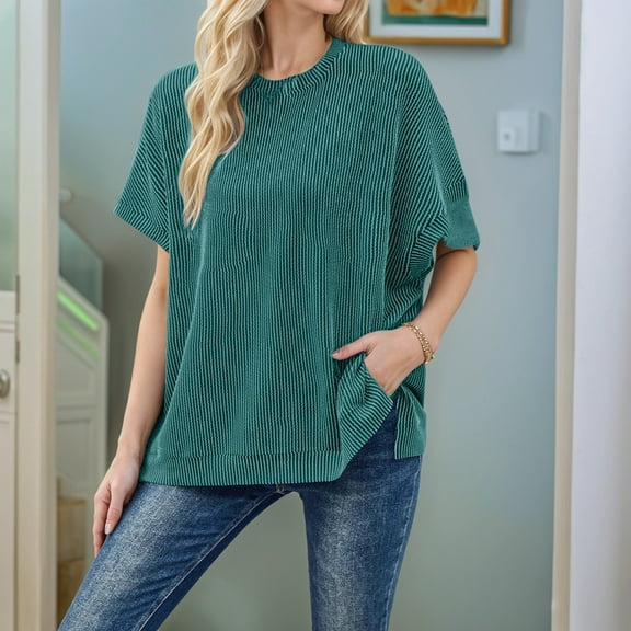 SNKSDGM Women's Plus Casual Easter Shirts Graphic Tees for Women Plus Size Women's Fashion Solid Color Knitted Oversized Pullover Round Neck Bat Sleeve Top Plus Size Tops for Women 3/4 Sleeve 4X