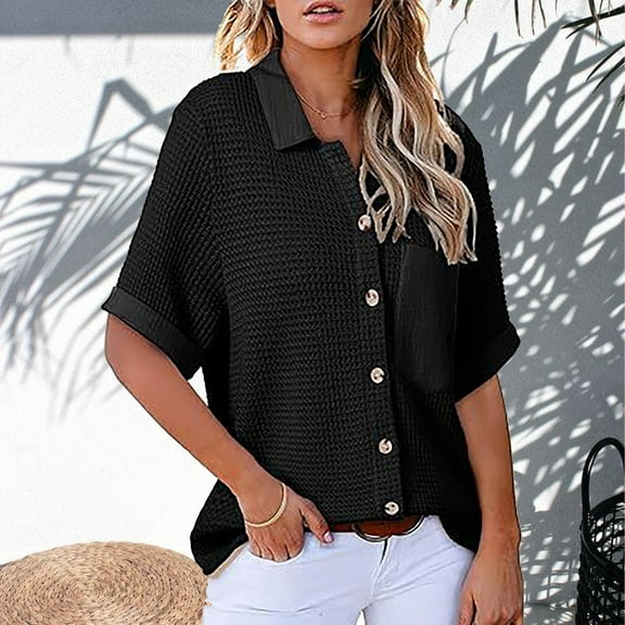 SNKSDGM Women's Plus Casual Easter Shirts Knit Tops for Women Summer Womens Knit Button down Shirts Tops Casual V Neck Short Folded Sleeve Dressy Blouses Going Out Tops for Women Lace Bodysuit