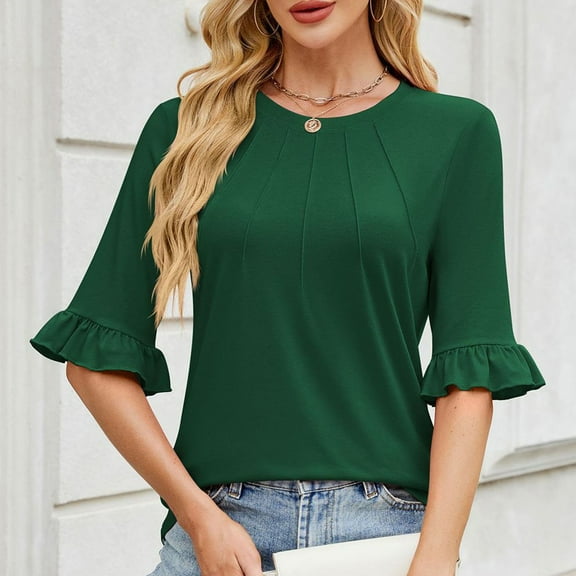 SNKSDGM Women's Plus Casual Easter Shirts Plus Size Tops for Women 3/4 Sleeve 5X Women's Solid Color Striped Round Neck Mid Sleeve T Shirt with Sleeves Womens Tops Plus Size