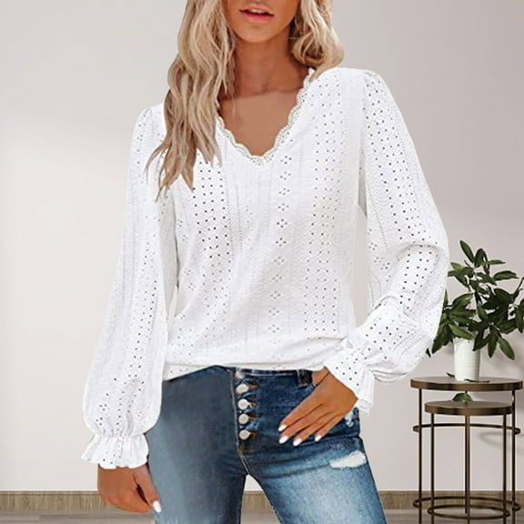 SNKSDGM Women's Plus Casual Easter Shirts Plus Size Tops for Women 5Xl 6Xl Womens Lace V Neck Puff Long Sleeve Eyelet Tops Dressy Business Casual Work Shirts Blouse Womens Tops Long Sleeve Oversized