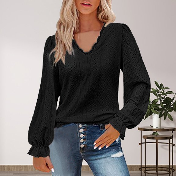 SNKSDGM Women's Plus Casual Easter Shirts Plus Size Tops for Women 5Xl 6Xl Womens Lace V Neck Puff Long Sleeve Eyelet Tops Dressy Business Casual Work Shirts Blouse Womens Shirts Trendy