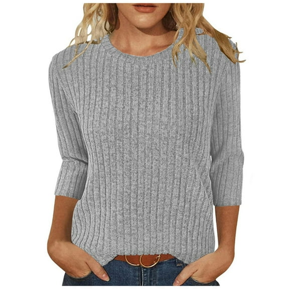 SNKSDGM Women's Plus Casual Easter Shirts Shirts for Women Trendy Summer 3/4 Sleeve Women's Casual Round Neck Frosted Strip Solid Color Quarter Sleeve T Shirt Summer Tops for Women 2025 Vacation