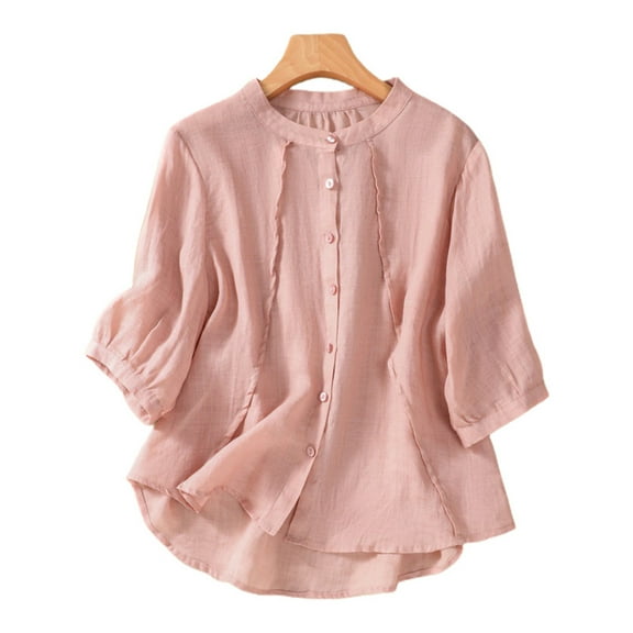 SNKSDGM Women's Plus Casual Easter Shirts Short Sleeve Shirts for Women V Neck Pack Ladies Summer Solid Linen Retro Loose fit Stand Half Sleeve Shirt Top Womens Short Sleeve Tops Cotton