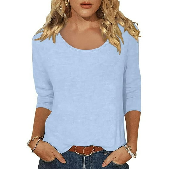 SNKSDGM Women's Plus Casual Easter Shirts Summer Tops for Women Trendy Women's Casual Solid Color Print Neck Low Cut 3/4 Sleeve T Shirt Top Shirts for Women Trendy Y2K