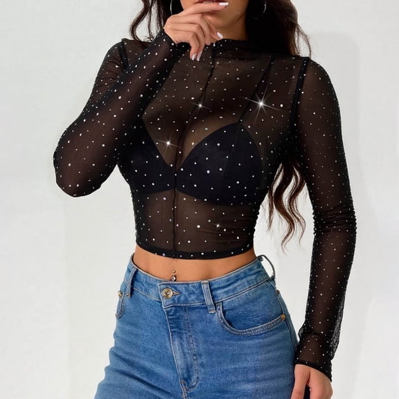 SNKSDGM Women's Plus Casual Easter Shirts for Women Beach Vacation Clothes for Women Over 50 Women's New Small Stand Collar Long Sleeve Mesh Sequin T Shirt Top Tops for Women Trendy Winter Lace