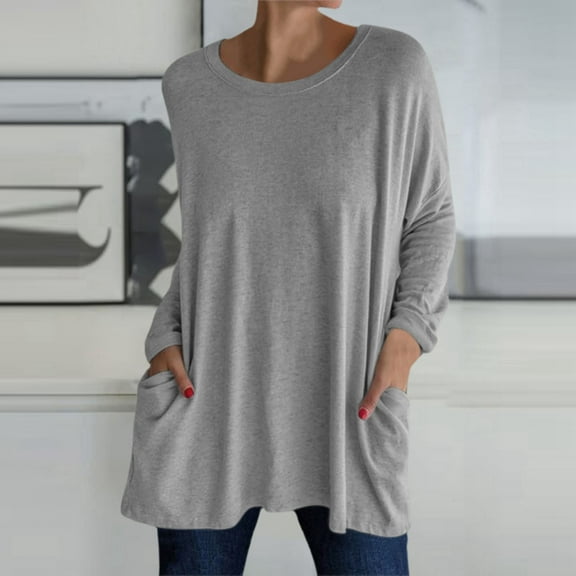 SNKSDGM Women's Plus Casual Easter Shirts for Women Plus Size Tops for Women 5X-6X Womens Crew Neck Long Sleeve Top T Shirt Long Top Solid Color T Shirt with Pockets Tops for Women Trendy Summer Crop