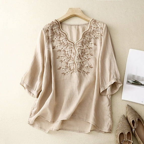 SNKSDGM Women's Plus Casual Easter Shirts for Women Plus Size Tops for Women 5X Red Women's Floral Embroidery Shirts 3/4 Sleeve Round Neck Tops Blouses Tops for Women Trendy Sexy Going Out