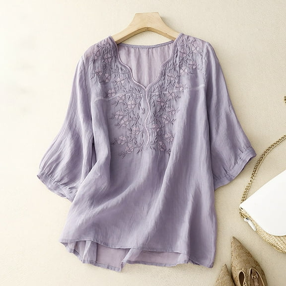 SNKSDGM Women's Plus Casual Easter Shirts for Women Plus Size Tops for Women 5X Red Women's Floral Embroidery Shirts 3/4 Sleeve Round Neck Tops Blouses Womens Tops Short Sleeve Loose Fit
