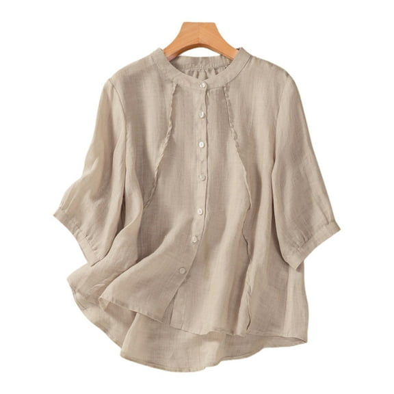 SNKSDGM Women's Plus Casual Easter Shirts for Women Short Sleeve Shirts for Women V Neck Pack Ladies Summer Solid Linen Retro Loose fit Stand Half Sleeve Shirt Top Womens Tops Trendy Casual