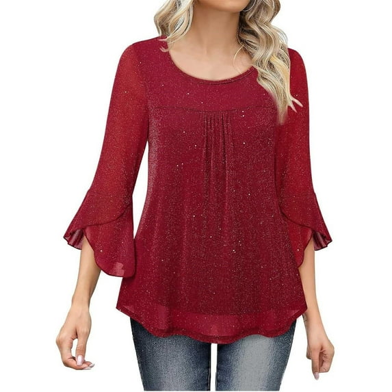 SNKSDGM Women's Plus Casual Easter Shirts for Women off The Shoulder Tops for Women Women's Ruffle 3/4 Sleeve Dressy Blouses Crew Neck Double Mesh Tunic Tops Going Out Tops for Women Lacey