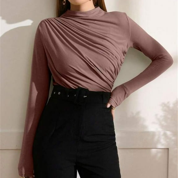 SNKSDGM Women's Plus Casual Easter Shirts for Women Summer Tops Plus Size Women Trendy Stand Collar Ruched Long Sleeve Tee Shirts for Women Graphic Tees Summer