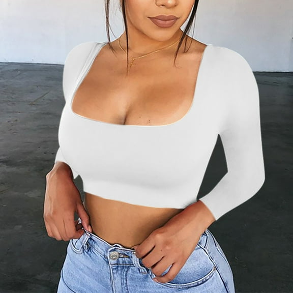 SNKSDGM Women's Plus Casual Easter Shirts for Women Summer Tops for Women Womens Cropped Shirts Long Sleeve Square Neck Fitted Basic Crop Top Womens Tops Summer Casual