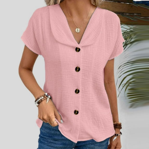 SNKSDGM Women's Plus Casual Easter Shirts for Women Tops for Women Trendy Summer Crop Women's Fashion Solid Color Lapel Short Sleeve Cardigan Button Casual Loose Top Womens Short Sleeve Tops Dressy