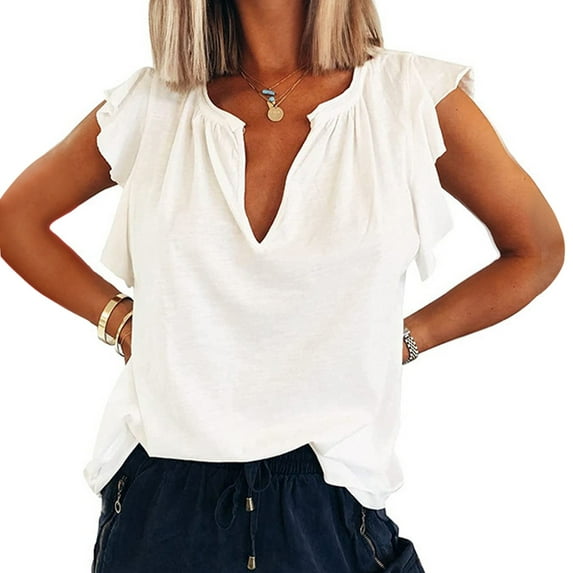 SNKSDGM Women's Plus Casual Easter Shirts for Women Women's Tops 3/4 Sleeve V Neck Ladies Summer Fashion V Neck Short Sleeve Loose Solid Color Ruffle T Shirt Tops for Women 2025 Trendy Dressy