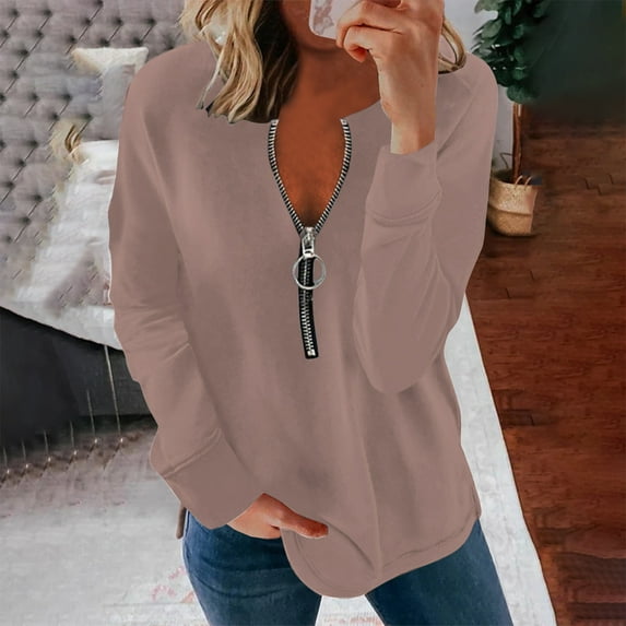 SNKSDGM Women's Plus Casual Easter Shirts Women's Tops Plus Size 3/4 Sleeve Women Fashion Casual Solid Color Pringting Zipper Long Sleeves Casual Blouse T Shirts Top Spring Tops for Women 2025 Boho