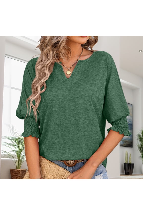 Women's Plus Casual Easter Shirts Women's Tops Plus Size Womens Crew V Neck 3/4 Sleeve Tops Loose fit Shirts Casual Solid Basic Tees Shirt Blouses Womens Tops Trendy Long Sleeve