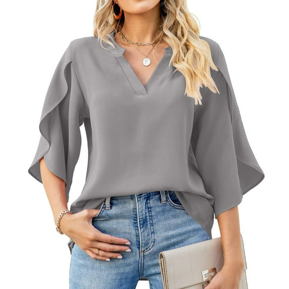 SNKSDGM Women's Plus Casual Easter Shirts Womens Shirts Plus Size Long Sleeve New Women Fashion Petal Sleeve Tops Loose V Neck Chiffon Shirt Womens Tops Dressy Casual Summer