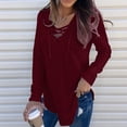 thumbnail image 1 of SNKSDGM Women's Plus Casual Easter Shirts Womens Shirts Plus Size Winter Women's Lace up V Neck Long Sleeved Tops Tunics Basic Shirts Bandage Pullover T Shirts Plus Size Tops for Women 5X Red, 1 of 7