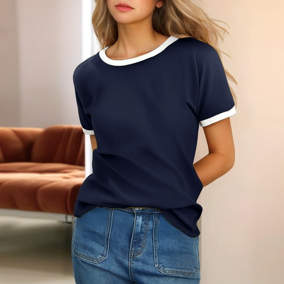 SNKSDGM Women's Plus Casual Easter Shirts Womens Shirts Short Sleeve Women's Solid Color Crew Neck Short Sleeve T Shirt with Contrast Trim Short Sleeve Shirts for Women Cotton Fitted