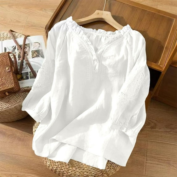 SNKSDGM Women's Plus Casual Easter Shirts Womens Tops Summer Dressy Casual Women's Summer Loose Embroidered Floral Linen V Neck 3/4 Sleeve Shirt Blouse Top Summer Tops