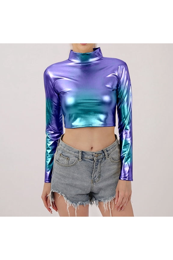 Women's Plus Casual Easter Shirts Womens Tops Summer Dressy Women's Leather Look Long Sleeve Turtleneck Top for Nightclub Performance and Stage Wear Shirts for Women Dressy Casual Sexy