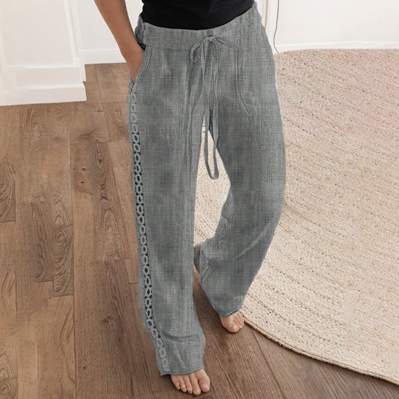 SNKSDGM Women's Plus Dress Pants Women Plus Size Wide Leg Joggers Women Women's 2025 Solid Color Elastic Waist Loose Side Lace Hollow Decoration All Nine Point Casual Pants