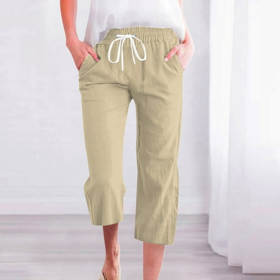 SNKSDGM Women's Plus Capri Pants for Women Casual Sweatpants Women Tall Women's Spring and Summer Solid Color Lace up Pocket Loose Wide Legged Capris