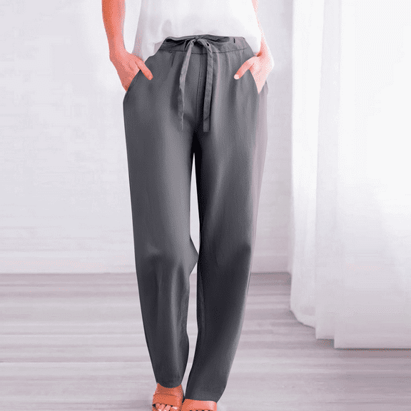 SNKSDGM Women's Plus Dress Pants Women Stretchy Tall Work Pants Women Plus Size Women's Solid Linen Casual Pants with Drawstring Elastic Waist Slim Fit Tapered Long Trousers