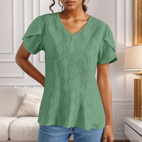 SNKSDGM Women's Plus Going out Tops for Women Plus Size Loose Womens Short Sleeve Tops Casual Loose Fit Women's Spring Summer Solid Color V Neck Short Sleeve Casual T Shirt Top S