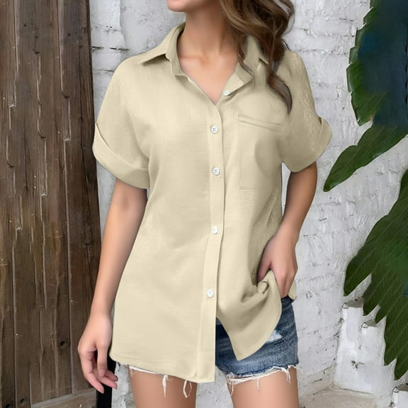 SNKSDGM Women's Plus Going out Tops for Women Plus Size Tops for Women Summer Women's Solid Color Linen Short Sleeve Casual Loose Shirt L