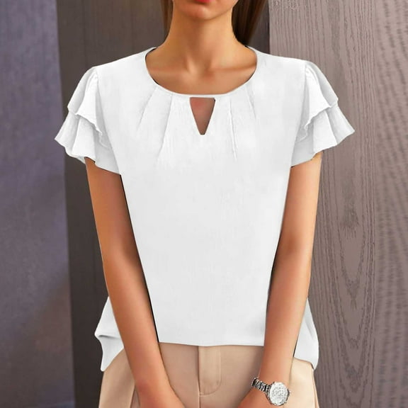SNKSDGM Women's Plus Graphic Tees for Women Vintage V Neck Womens Tops Casual Casual Graphic Tees Women Fashion Casual Business Work Shirt Round Neck Short Sleeved Pleated Sleeve Cute Top Xl