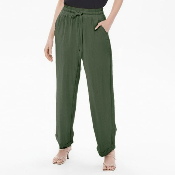 SNKSDGM Women's Plus Khaki Pants for Women High Waisted Women's Pants Casual Linen Ladies Summer Elastic High Waist Solid Color Linen Wide Leg Loose Pants