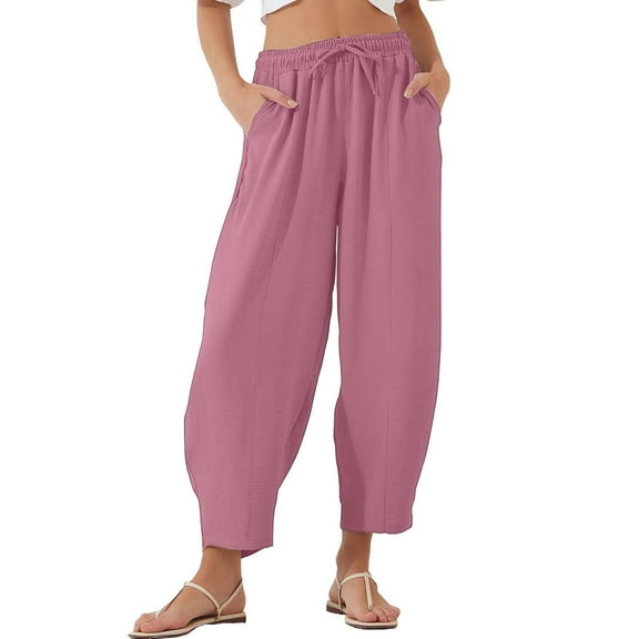 SNKSDGM Women's Plus Linen Pants Women Petite Xs Pants for Women Trendy Joggers Womens Baggy Wide Leg Pants Casual Drawstring Elastic Waisted Palazzo Harem Trousers with Pockets