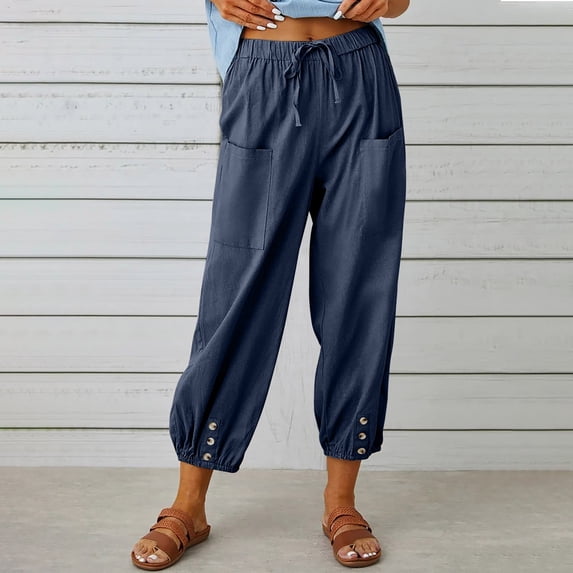 SNKSDGM Women's Plus Linen Pants Women Summer Boho Linen Pants Women Plus Size Petite Women Casual High Waist Pants Drawstring Capri Pants with Pockets Wide Leg Cropped Pants