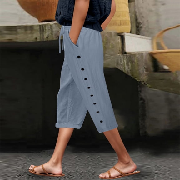 SNKSDGM Women's Plus Linen Pants Women Summer Women's Pants Petite Length Women's Summer Solid Color Elastic Waist Loose Side Button Decoration Versatile Capris Casual Pants