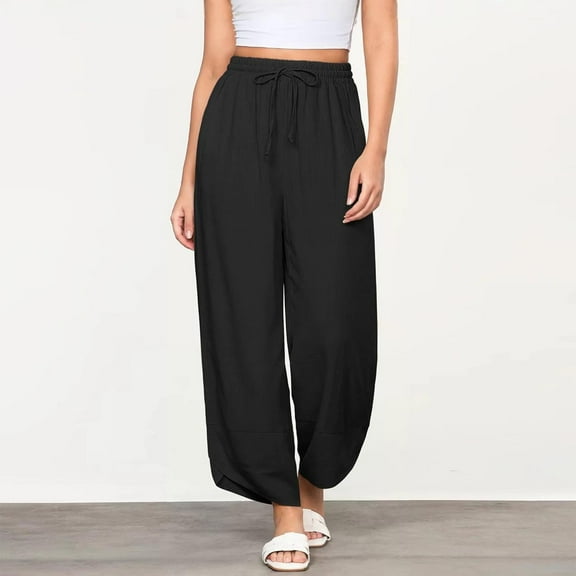 SNKSDGM Women's Plus Linen Pants Women Tall Black Dress Pants Women High Waisted Slim Fit Women's Solid Color Loose Casual Pants Drawstring Capri Pants