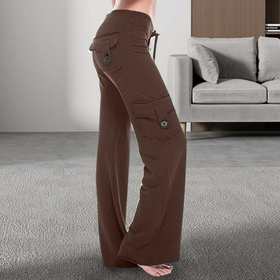 SNKSDGM Women's Plus Pants for Women Dressy Casual Pull on Cargo Pants Women Tall Girl Women Casual Solid Button Micro Flare Pocket Drawstring Trousers