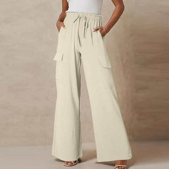 SNKSDGM Women's Plus Pants for Women Trendy Petite Khaki Pants for Women Petite Short Women Palazzo Pants with Pockets Summer Casual Wide Leg High Waist Pants Flowy Beach Trousers Travel